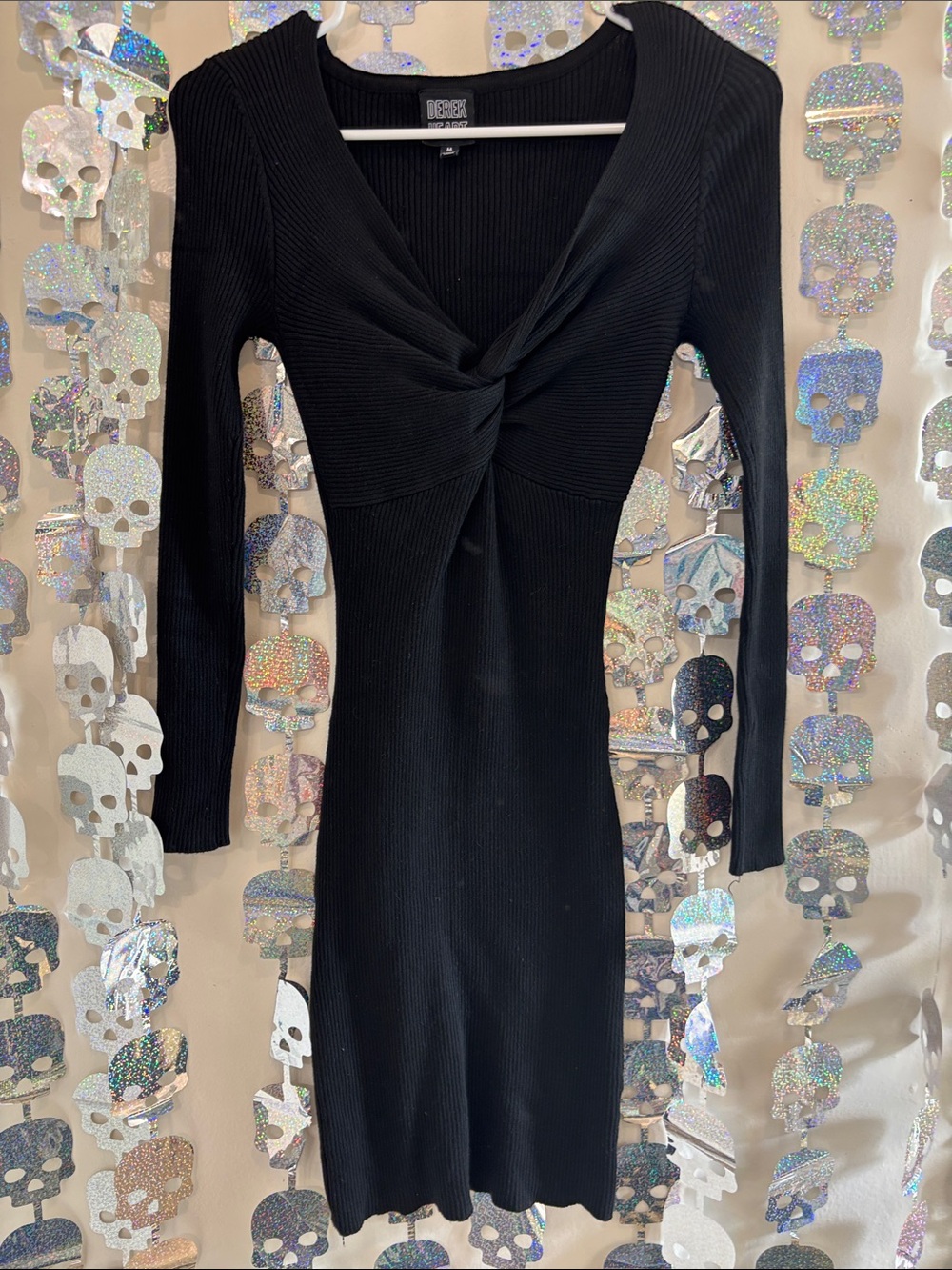 BEBE Black Ribbed Twist-Front Long Sleeve Dress